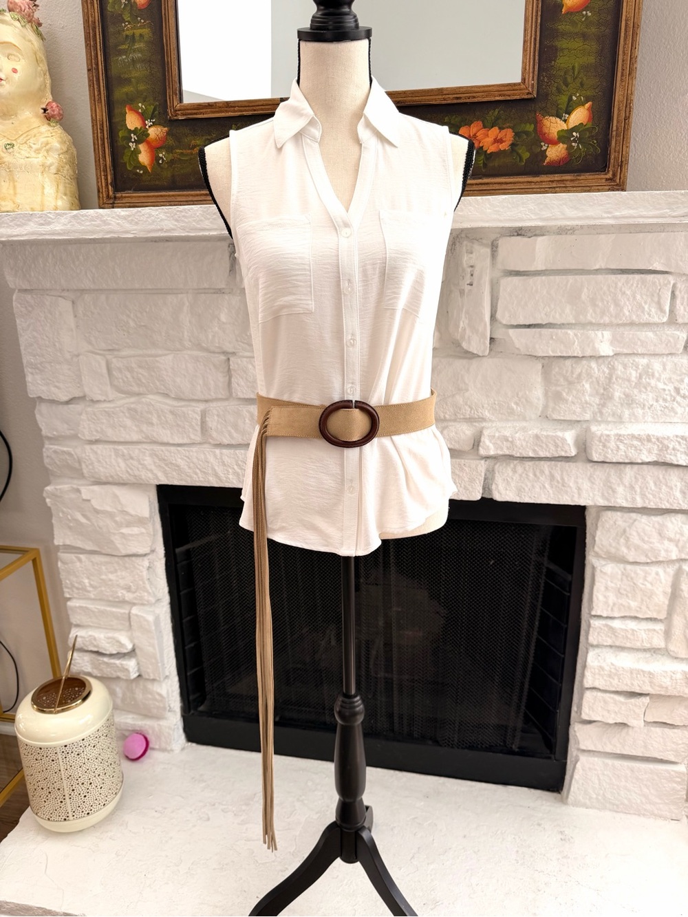 Vintage Chico’s Tan Suede Fringe Belt M/L Boho Western Brown Leather Buckle